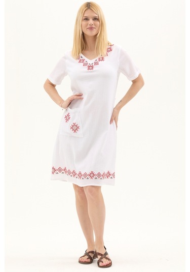 Şile Bezi Beyaz Kısa Kol Kruvaze Yaka Nakışlı Yazlık Midi Elbise