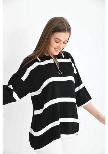 Polo Yaka Fermuarlı Çizgili Salaş Mevsimlik Trko Kazak Siyah