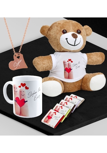 Kişiye Özel Sevgili Peluş Ayı Kupa Madlen Çikolata Ve Rose Kalp Kolye Set - 87