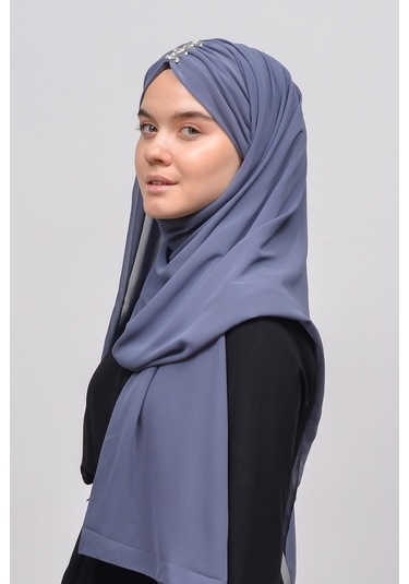 Altobeh Zarif Taşlı Drapeli Hazır Pratik Şifon Kadın Tesettür Şal - Gümüş