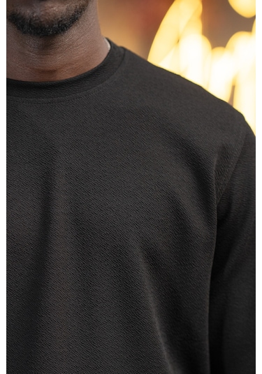 Dorss Regular Fit Armürlü Bisiklet Yaka Likralı Mevsimlik Sweatshirt Siyah