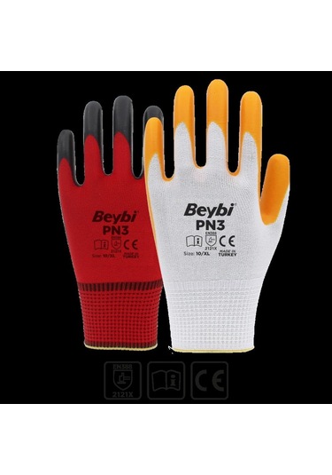 Beybi Pn3 Beyaz Sarı 10 Beden Polyester Örme Nitril Eldiven 12Li (525727428)