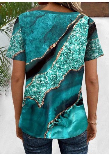 Leyla Sanat Sanata Yeni Bir Bakış Açısı Kadın Kısa Kollu V Yakalı Önden Düğmeli Baskılı Süprem Bluz Mavi