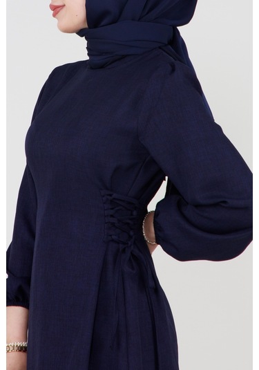 Yanı Bağcıklı Keten Elbise-lacivert-4077-lacivert Lacivert