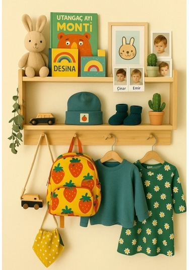 Ahşap Askılık Raf Ve Kitaplık Raf Eğitici Montessori Raf Krem