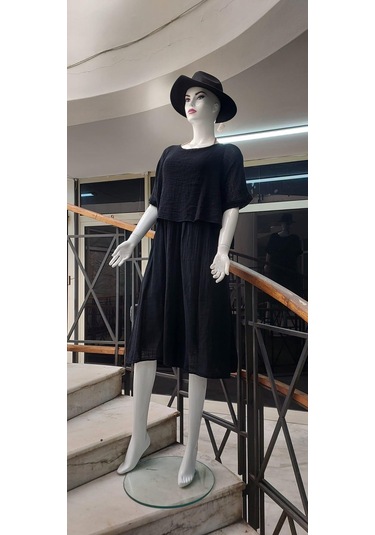 İtalyan Müslin Keteni Üstü File Bluzlu Astarlı Tek Parça Elbise Siyah