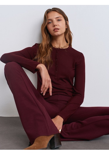 Dilvin 31544 Düğmeli Uzun Kollu Top-bordo Bordo