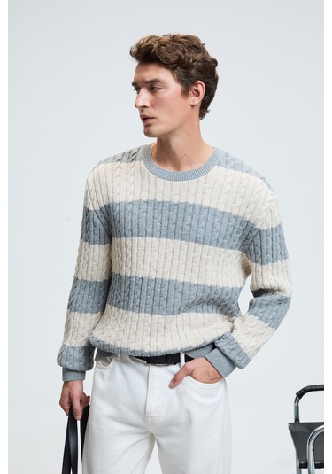 BRAID Erkek Yuvarlak Yaka Saç Örgü Desenli Regular Fit Grimelanj - Bej Kazak