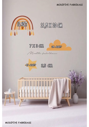 Bebek Odası Duvar Süsü Renkli Pembe Gökkuşağı, Bulut Ve Yıldız Beyaz