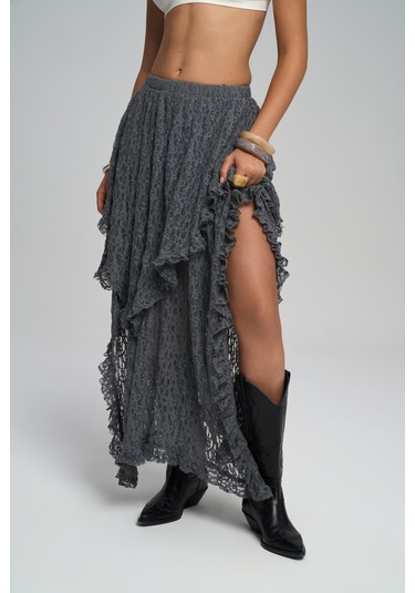 Mireya Asimetrik Antrasit Dantel Etek Antrasit
