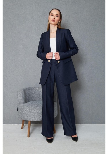 Kare Düğmeli Yünefekt Takım Lacivert Düz Lacivert
