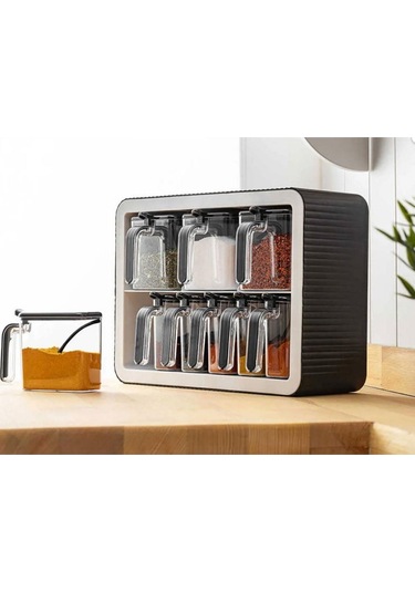 9'lu Baharatlık Takımı Standlı Kendinden Yapışkanlı Kaşıklı Ve Kapaklı Baharatlık Seti Çok Renkli