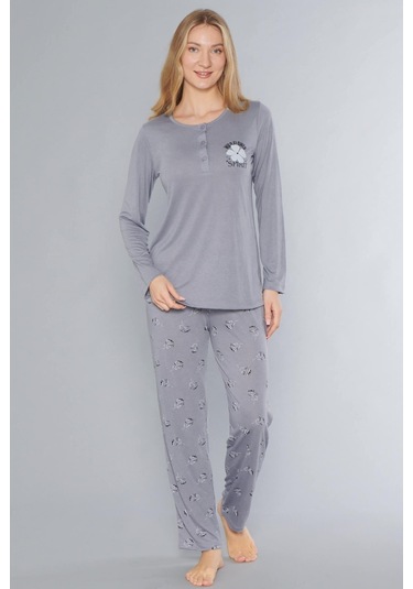 Uzun Kol Pijama Takımı Mevsimlik Viskon Alperi 790-64 Gri