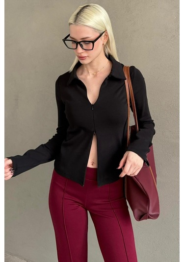 Siyah Polo Yaka Çift Fermuarlı Slim Fit Kadın Body Mg2652 Siyah