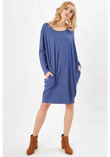 Peraluna Indigo Renk 3/4 Kol Balon Kadın Triko Elbise İndigo