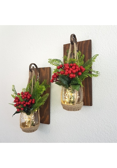 Duvar Dekoru, Led Işıklı, Kokina Yılbaşı Çiçeği, Ceviz Aplik İkili Set
