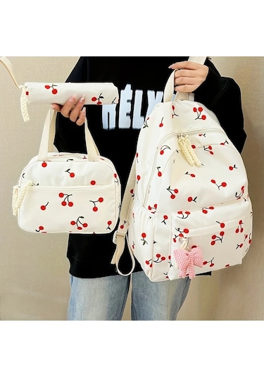 Maxaccess 3 Parça Kiraz Desenli Sırt Çantası + El Çantası + Kalem Kutusu Krem Beyaz