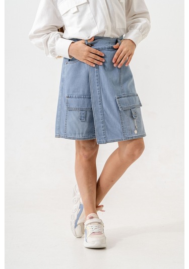 Kız Çocuk Şeritli Kot Şort Etek 2875 Açık Mavi