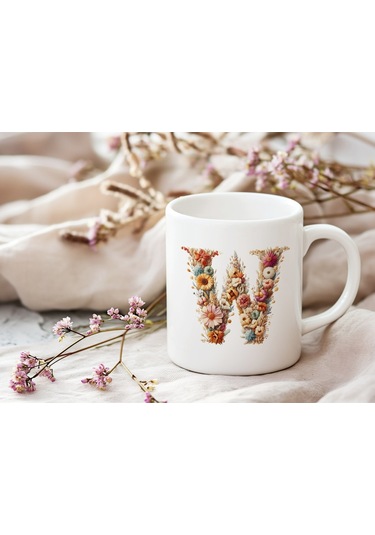 W Harfi Çiçek Desenli Kupa Bardak - Alfabe Harfleri İle Doğal Çiçekli Kupa - Hediye Fikir Beyaz