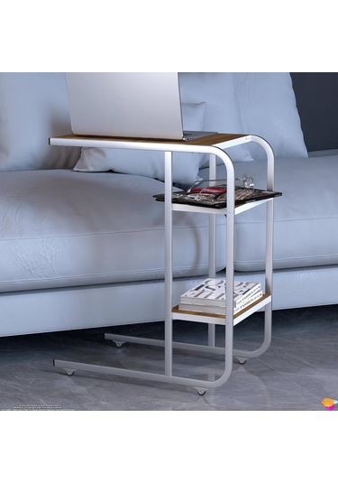 Modilayn C Yan Sehpa Dar Boy Tekerlekli Çalışma, Atıştırmalık, Yemek, Laptop Sehpası Ceviz Kahverengi