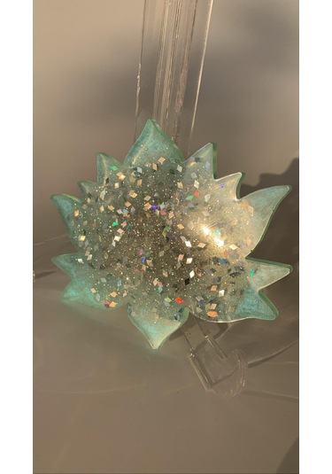 Turkuaz Lotus Çiçeği Desen Gümüş Glitterli Epoksi Bardak Altlığı Turkuaz