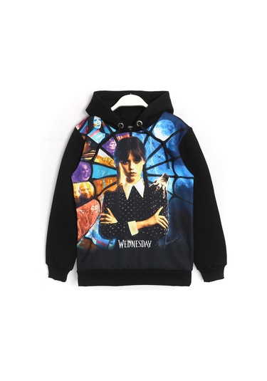 3d Baskılı Kız Çocuk Wednesday Addams 3 İp Şardonlu Sweatshirt Siyah