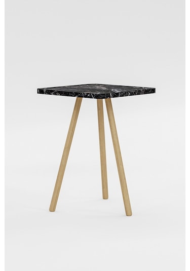 İntergo Kare Tasarımlı Ahşap Ayaklı Tekli Zigon Sehpa Siyah Mermer