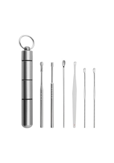 Gajeena 6'li Paslanmaz Çelik Kulak Temizleme Seti - Taşınabilir Spiral Kulak Kaşığı Seti Gümüş