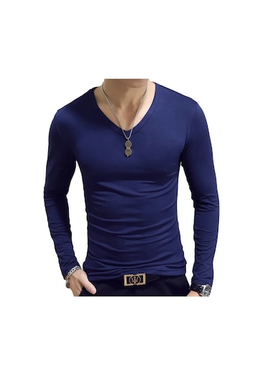 Snapbuy 2023 Erkek Uzun Kollu V Yaka Gevşek Fit T-shirt Sonbahar Giyimkırmızı Kirmizi