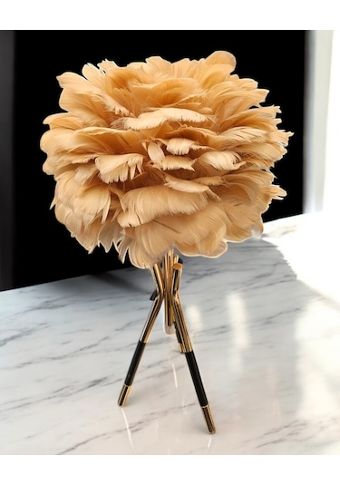 Tüylü Dekoratif Tripotlu 3'lü Ayaklı Abajur - Sarı Sarı