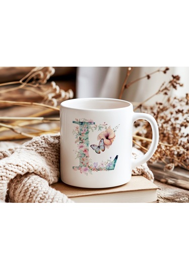 L Harfi Çiçekli Kupa Bardak - Soft Renk Çiçek Ve Kelebek Desenli Zarif Kahve Kupası - Bohem Beyaz