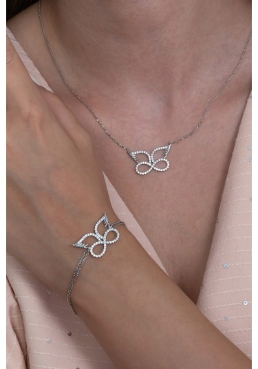 Kanatlı Sonsuzluk Gümüş Kolye Bileklik Seti Hediyelik Ykl33S