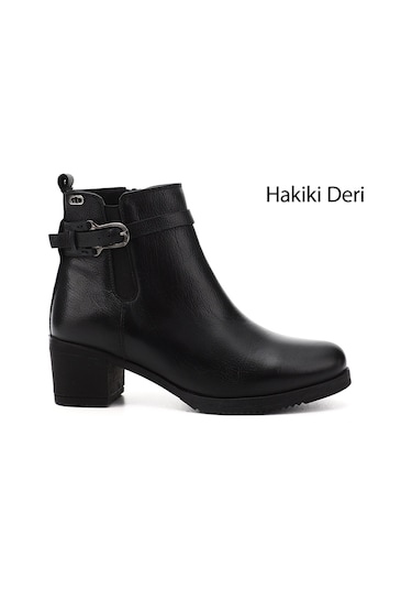 Gönderi R Siyah Floter Fermuarlı Kalın Topuklu Hakiki Deri Bot Siyah Floter