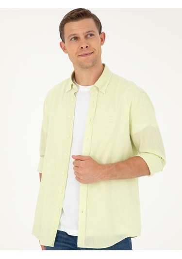 Cacharel Yeşil Slim Fit Keten Karışımlı Gömlek