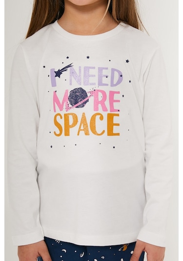Rolypoly Need More Space Beyaz Kız Çocuk Uzun Kol Pijama Takım Krem