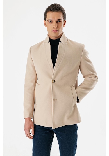 Açık Bej Kaşe Dik Yaka Astarlı Slim Fit Dar Kesim Casual Mont 1007235170-Açık Bej