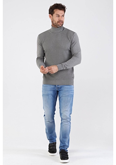 Çizgi Triko Erkek Tam Balıkçı Yaka Pamuklu Triko Kazak 4669E Gri