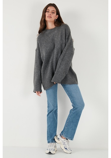 Lela Regular Fit Bisiklet Yaka Basic Triko Bayan Kazak 4616213 Antrasit