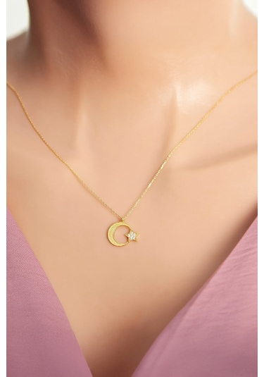 925 Ayar Gümüş Altın Kaplama Zirkon Taşlı Ayyıldız Bayan Kolye