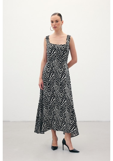 Sateen Kare Yaka Zebra Desenli Elbise - Siyah-136360 Siyah