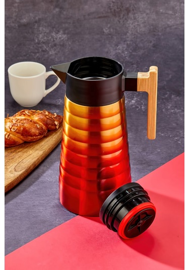 Cooker Ckr2097 2 L Çift Katmanlı Paslanmaz Çelik Termos Bambu Saplı - 12 Saat Sıcak 24 Saat Soğuk Piknik, Ofis, Otel, Kafe, Okul Krmızı-sarı