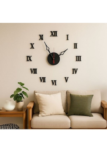 Yapışkanlı Dekoratif Büyük Boy Roma Rakamlı Duvar Saati Siyah