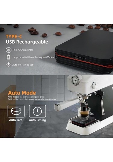 Fortunelane Kahve Terazisi: Hassas Ölçüm, 3 Mod, Entegre Zamanlayıcı, Şarj Pil, Siyah, 2kg Kapasite Siyah