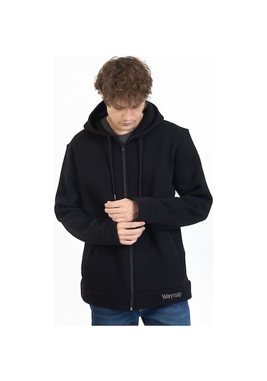 Tampap Erkek Kışlık Büyük Beden Kapşonlu Sweat Baskılı Fermuarlı Waynap Siyah