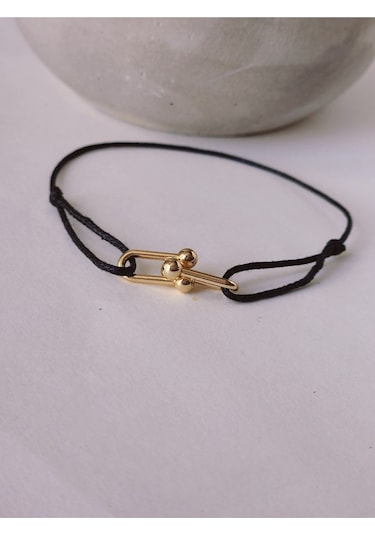 Tiffany Model Deri İpli El Yapımı Gold Siyah Renkli Bileklik Siyah