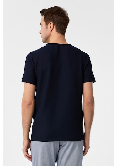 SÜVARİ Lacivert Slim Fit Armürlü Bisiklet Yaka Tişört-37261 Lacivert