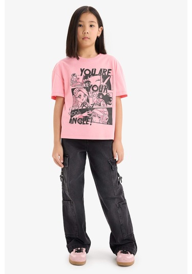 DeFacto Kız Çocuk Relax Fit Bisiklet Yaka Baskılı Kısa Kollu Tişört E0355A825SMPN323 Pembe