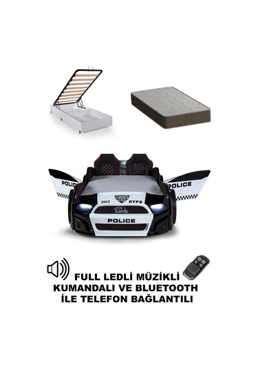 Bazalı Polis Arabalı Yatak Kapıları Açılan Mustang Full Ledli Kumandalı Ve Müzikli + Ortopedik Yatak 90x190 Cm