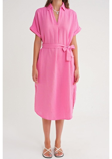 4720 Kadın Pile Detaylı Bağlamalı V Yaka Müslin Elbise Pembe Pembe