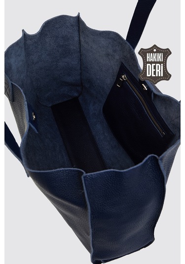 City Tote Hakiki Deri Omuz Çantası Lacivert Smr9182 Lacivert
